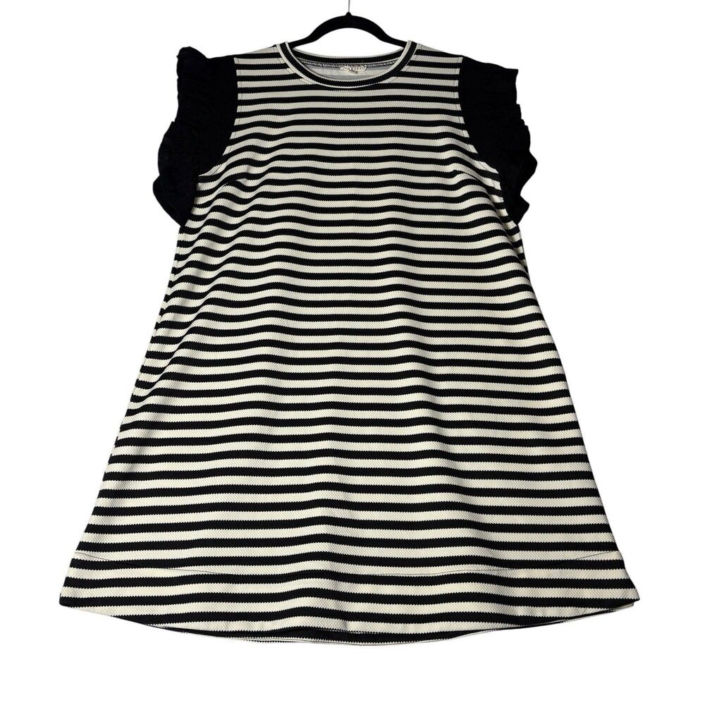 Jodifl Women’s Medium Striped Swing Dress Black White Ruffle Sleeve Knit